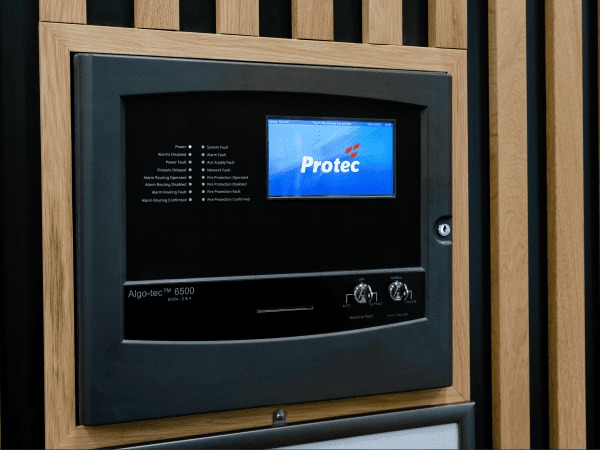 A Protec Algo-tec 6500 fire alarm control panel installed
